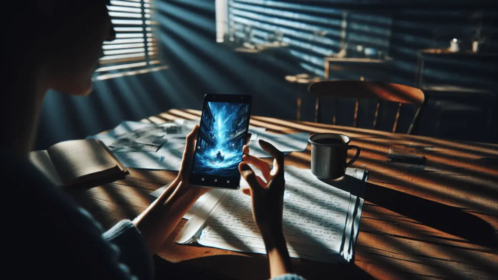 Explore how digital tales evolve and captivate 1 Tilted image of a user engaged with digital storytelling on an old smartphone, contrasting warm indoor lighting with cool screen glow.2024-01-14T02:17:37.084Z