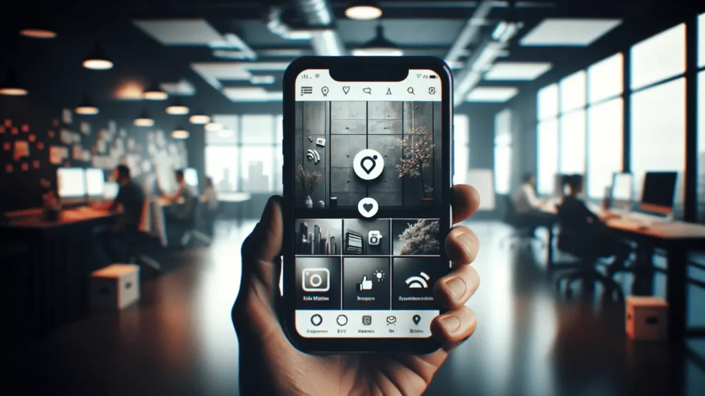 Boost Your Brand on Social Media Now! 1 Smartphone screen displaying cohesive social media profiles in a softly lit, creative office environment.2024-01-19T23:11:10.867Z