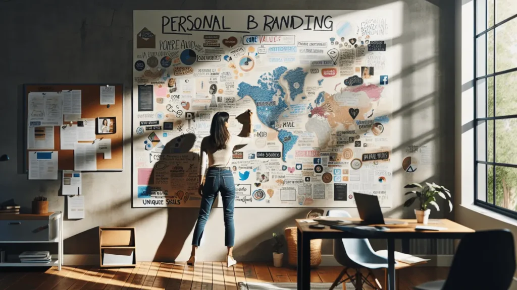 Build a brand that's all you in 5 steps! 1 Person contemplates personal branding steps on a vision board in a sunlit home office.2024-01-19T23:13:55.233Z