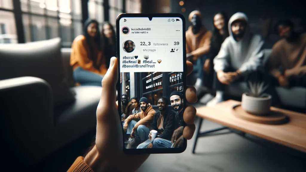 Be Real: Trust in Social Media Brands Grows 1 Hand holding smartphone with a post featuring smiling people at a branded event #BeReal #BrandTrust.2024-01-20T01:33:51.468Z