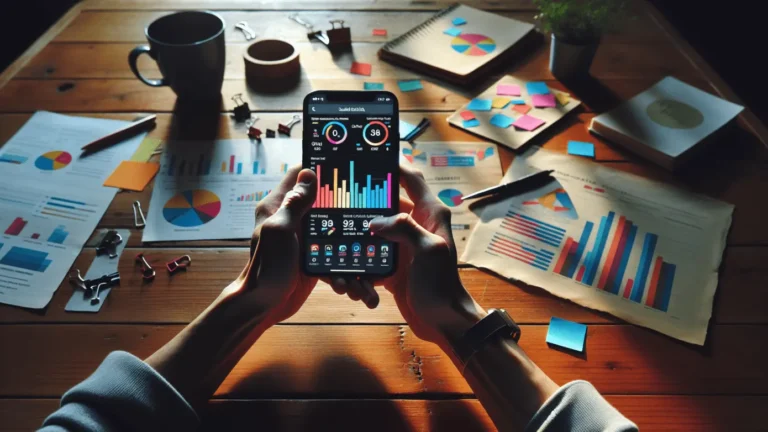 "Hands holding a smartphone with social media analytics on a desk with notes and graphs in soft lighting."2024-01-20T09:34:53.793Z