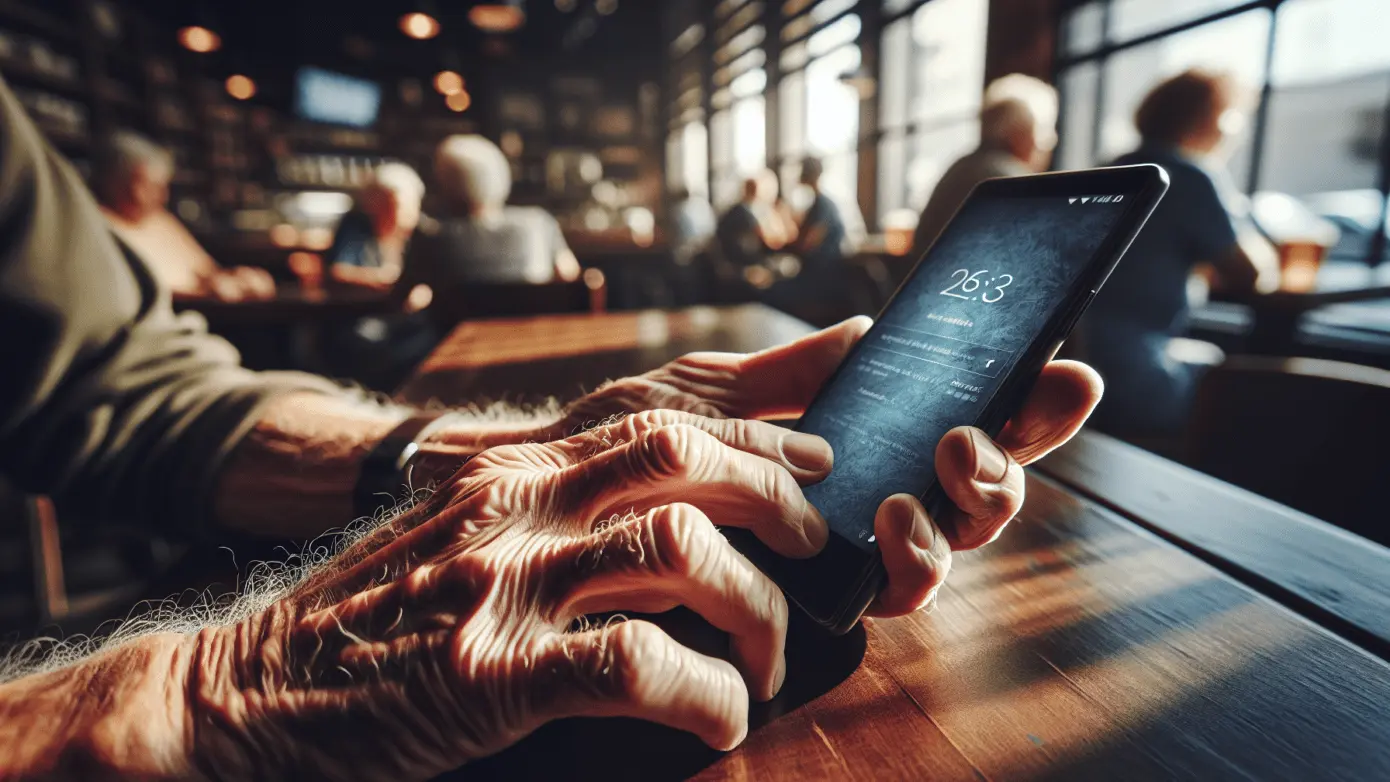 Extreme close-up of a hand with a textured thumb scrolling on a smartphone in a coffee shop.2024-01-20T12:33:58.214Z
