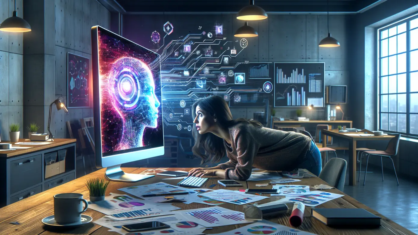 Cluttered marketing agency desk centered around a vibrant AI interface on a computer screen.2024-01-20T16:34:18.905Z