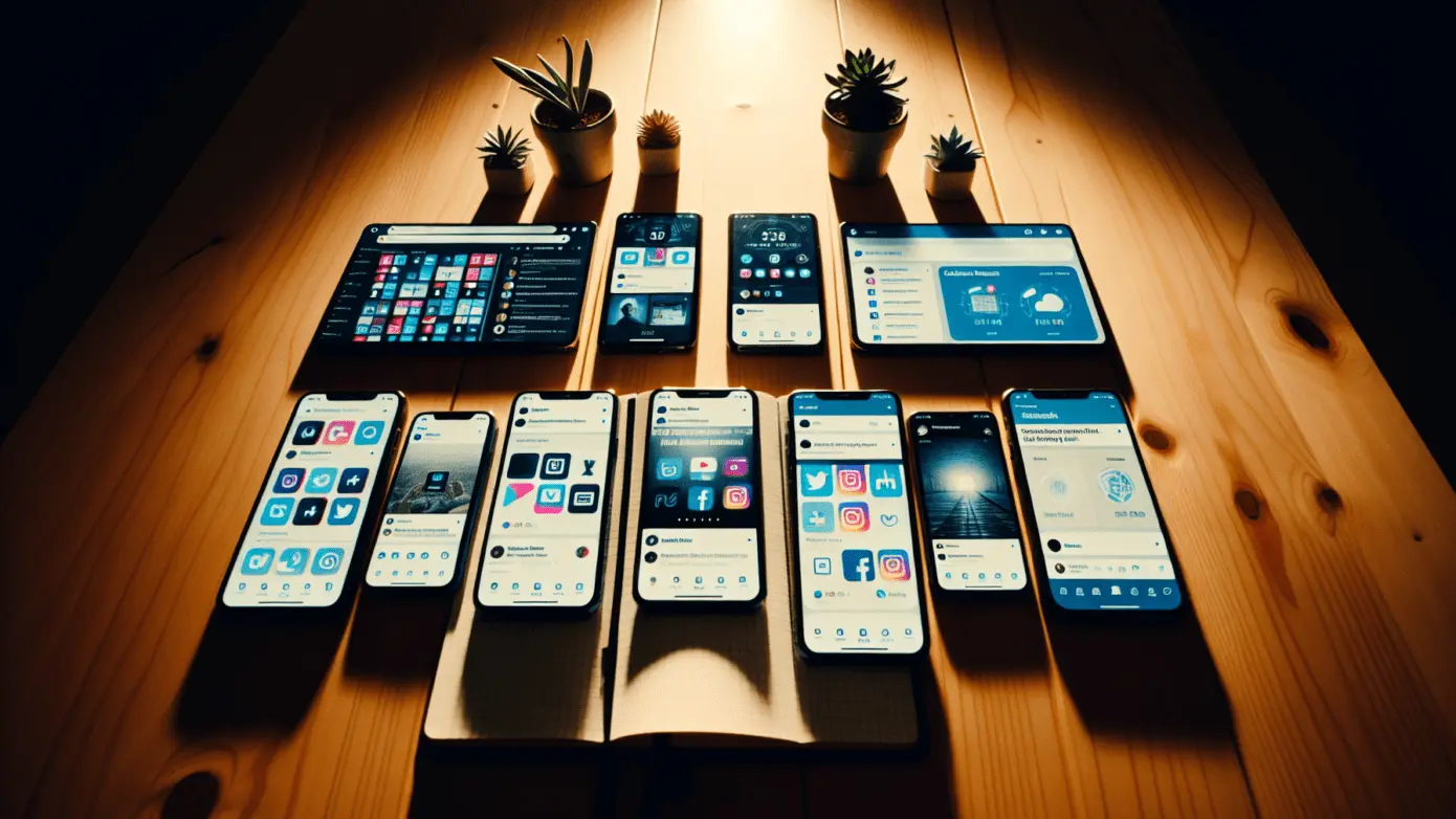 Smartphone screens on a desk showcasing various social media platforms, highlighting evolving branding strategies in natural light.2024-01-21T01:33:29.682Z