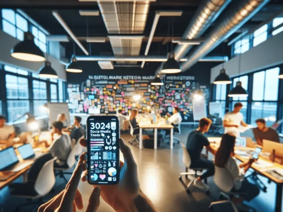 "Bustling marketing office with a focus on a phone displaying '2024 Social Media Trends' infographic."2024-01-21T09:33:31.295Z