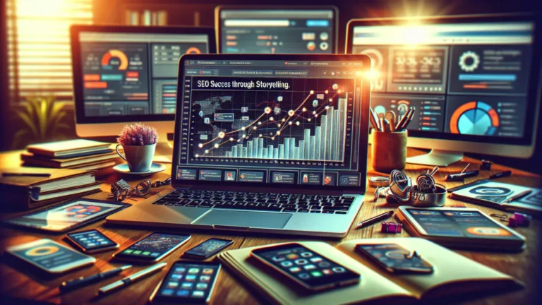 Straight-on shot of a busy desk with a laptop showing an upward-trending SEO graph, surrounded by digital devices.2024-01-21T12:33:32.169Z