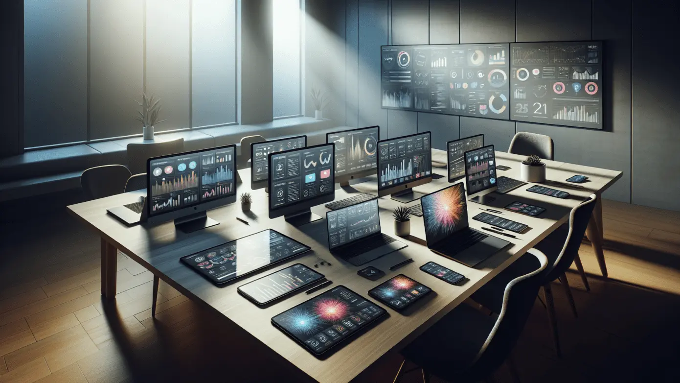 2024 Guide: Ace Social Media Content Marketing 1 2024 Guide cover: Devices with analytics on desk in a modern office, highlighting content marketing strategies.2024-01-22T09:35:52.628Z