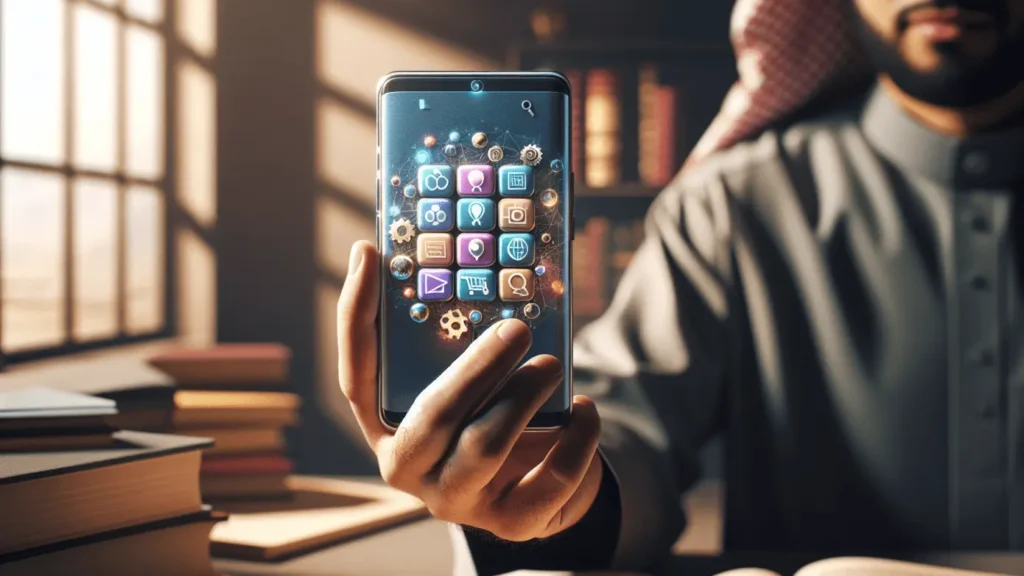 Explore Digital Tales: Now and Future 1 Hand holding iPhone displaying digital storytelling apps with soft ambient lighting indoors.2024-01-22T12:35:32.835Z