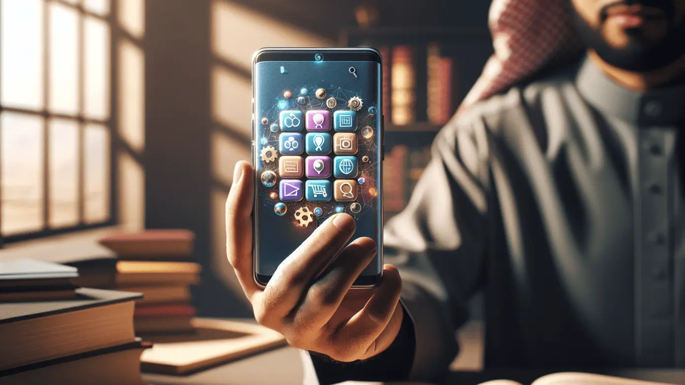 Hand holding iPhone displaying digital storytelling apps with soft ambient lighting indoors.2024-01-22T12:35:32.835Z