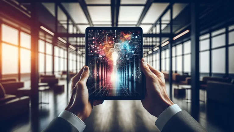 Hands holding a tablet displaying a colorful, AI-generated artwork in a modern office.2024-01-22T16:35:02.580Z