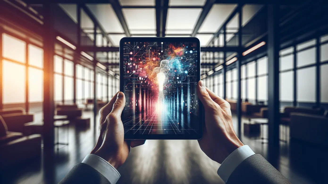 AI image generators redefine marketing visuals 1 Hands holding a tablet displaying a colorful, AI-generated artwork in a modern office.2024-01-22T16:35:02.580Z