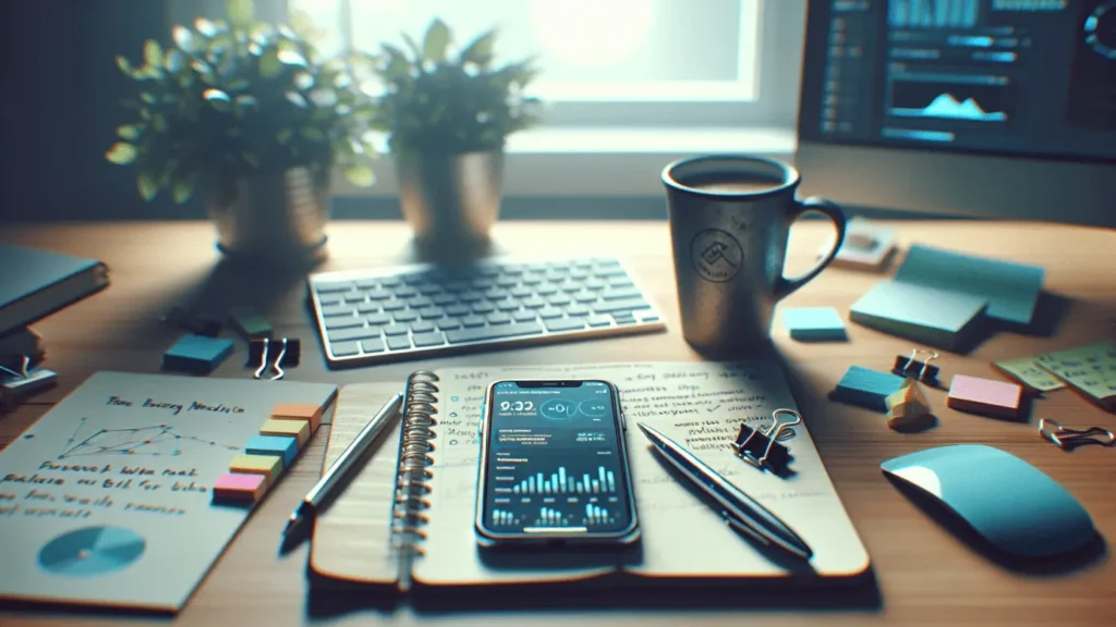 Boost your brand with smart social media tools 1 iPhone displaying analytics app on a cluttered marketer's desk with ambient lighting.2024-01-23T01:35:08.720Z