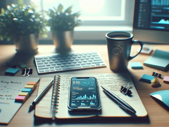 iPhone displaying analytics app on a cluttered marketer's desk with ambient lighting.2024-01-23T01:35:08.720Z