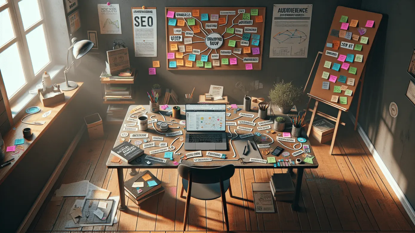 Learn to Craft Your Brand in Six Steps! 1 Home office desk cluttered with branding materials, sticky notes, and soft afternoon sunlight.2024-01-23T06:36:39.635Z