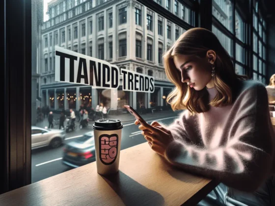 Young woman focused on smartphone at a chic café, muted colors highlight trendy brand logo.2024-01-26T01:03:05.835Z