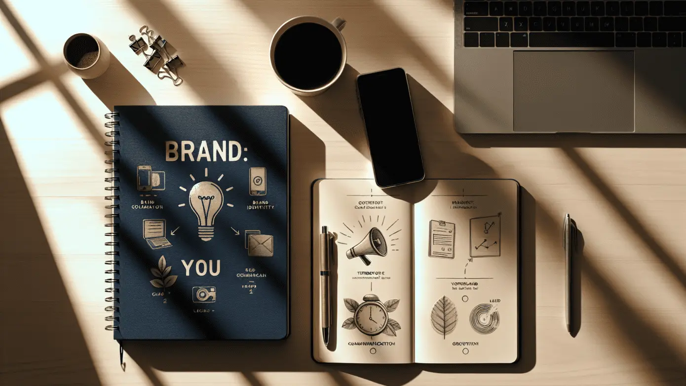 A well-lit home office desk featuring a notebook outlining key steps for personal branding.2024-01-26T02:29:06.285Z