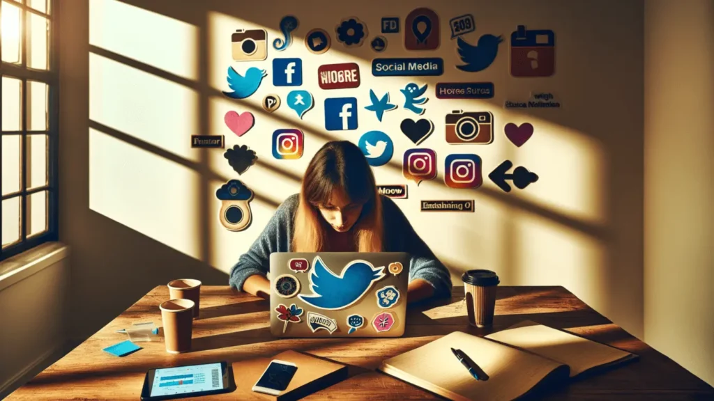 Boost your startup with strong social media branding 1 Entrepreneur busily working on a laptop decorated with vivid social media stickers in a sunlit, cluttered office.2024-01-30T01:34:51.159Z