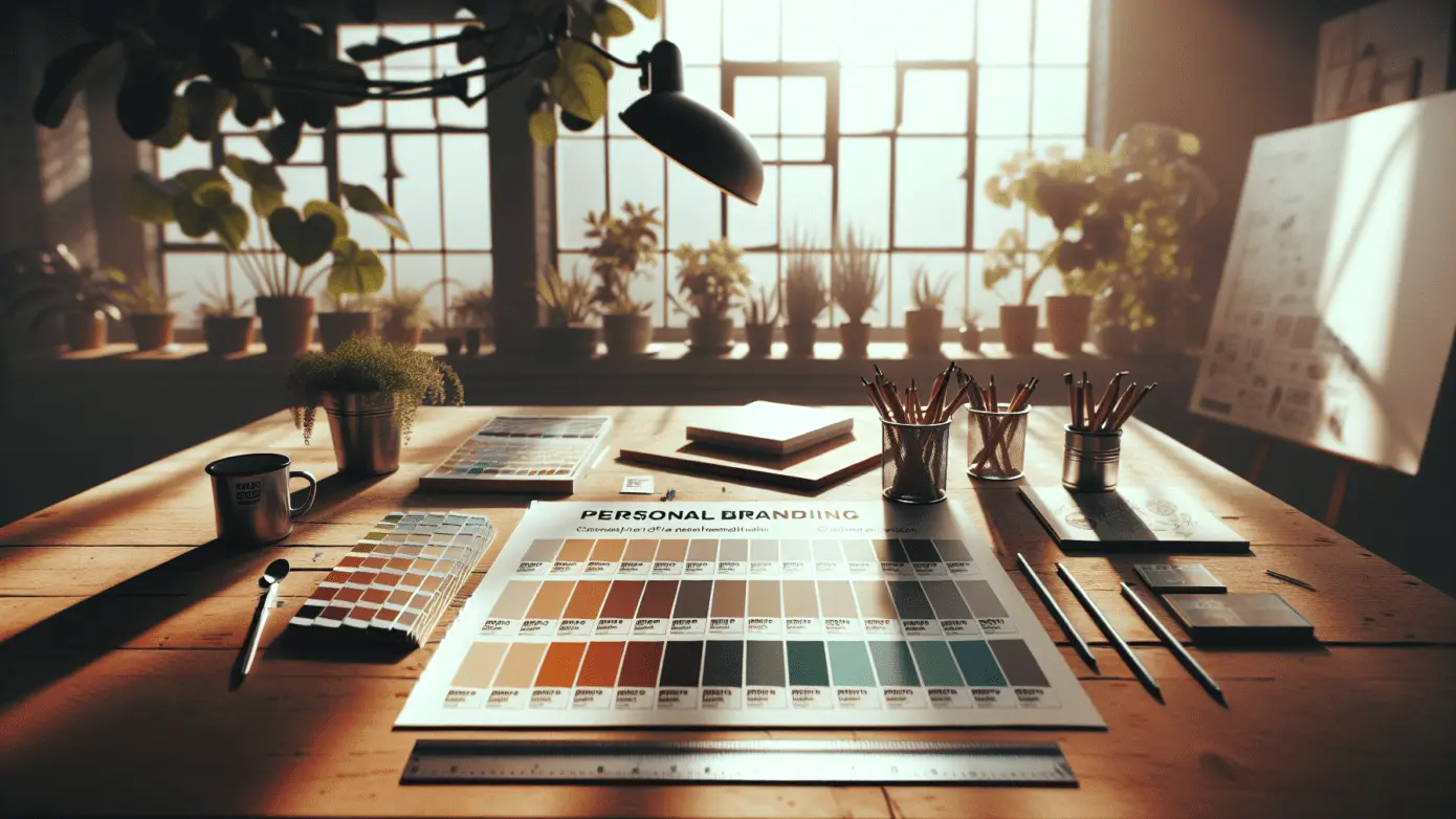 A creative studio setup with Pantone swatches, logo sketches, and a steel ruler on a wooden table.2024-01-30T06:35:44.204Z