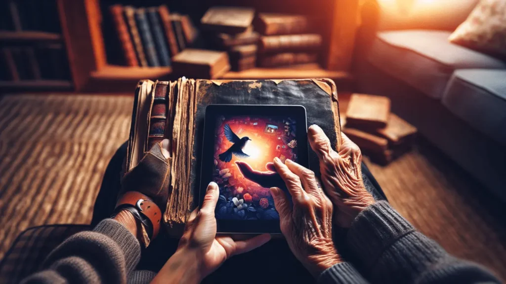 Old tales meet new tech in digital storytelling 1 Elderly hands holding a vintage book beside a vibrant tablet screen in a cozy, lit room.2024-01-30T12:36:41.530Z