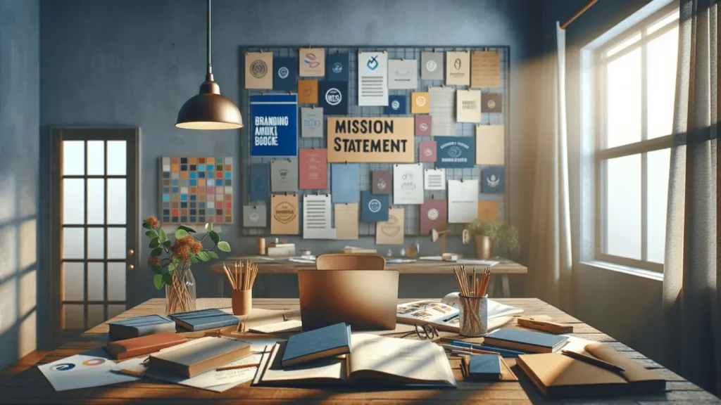 Craft your brand: Key steps for identity and growth! 1 Cluttered home office desk with branding books, "Mission Statement" notes, and colorful mood board.2024-02-02T19:09:38.420Z