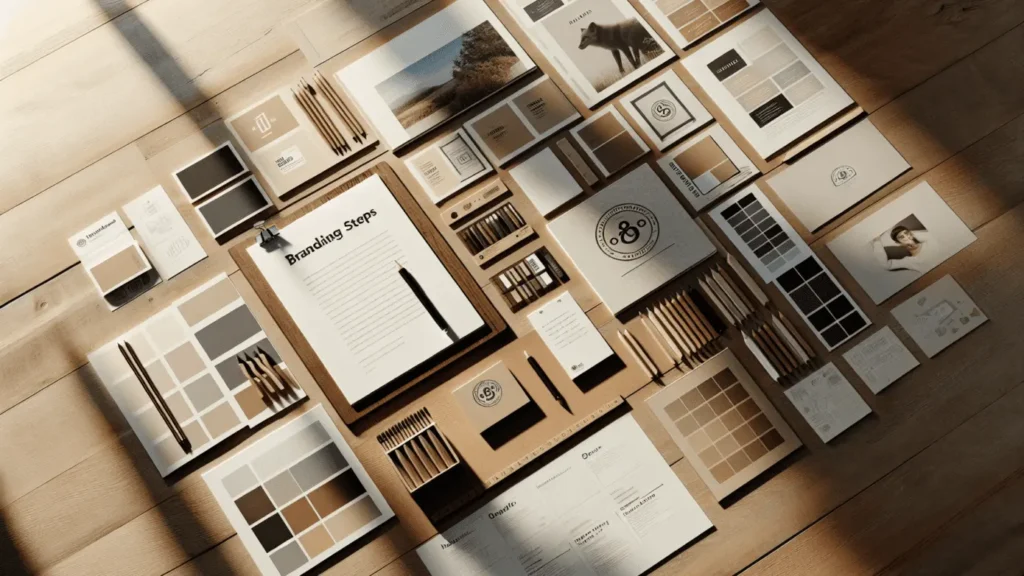 Create a personal brand identity with these steps 1 Alt text: Straight-on view of a tabletop workspace featuring branding materials and a notepad titled "Branding Steps" in a softly lit, cohesive setting.2024-02-02T19:48:43.306Z