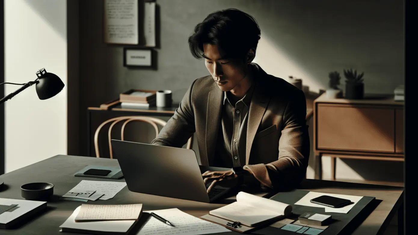 Grow your brand smart: start with you, stay true! 1 Professional at work in natural-lit, minimalist office, with focus on self-branding and strategic planning.2024-02-02T20:34:04.354Z