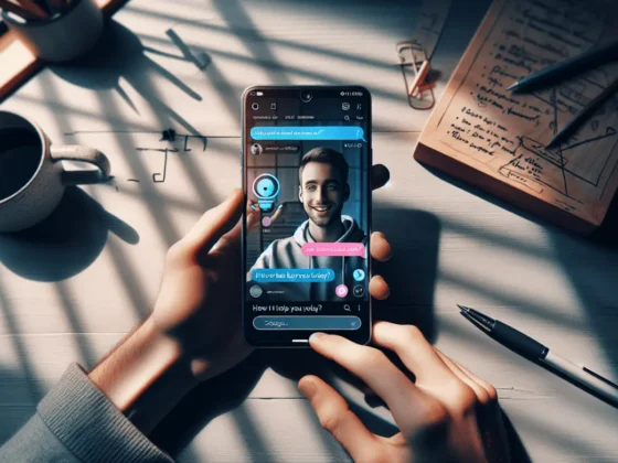 "Hands holding a smartphone with split-screen video chat and AI chatbot in a modern, muted workspace."2024-02-05T01:35:13.672Z