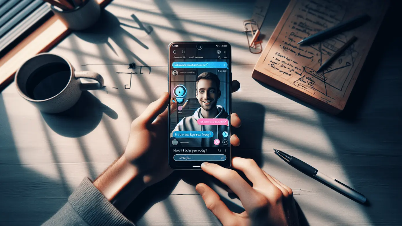 "Hands holding a smartphone with split-screen video chat and AI chatbot in a modern, muted workspace."2024-02-05T01:35:13.672Z