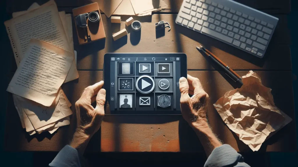 Dive into Today's Digital Storytelling World 1 "Worn hands hold tablet with story icons on a desk among papers in natural light."2024-02-05T12:34:38.887Z