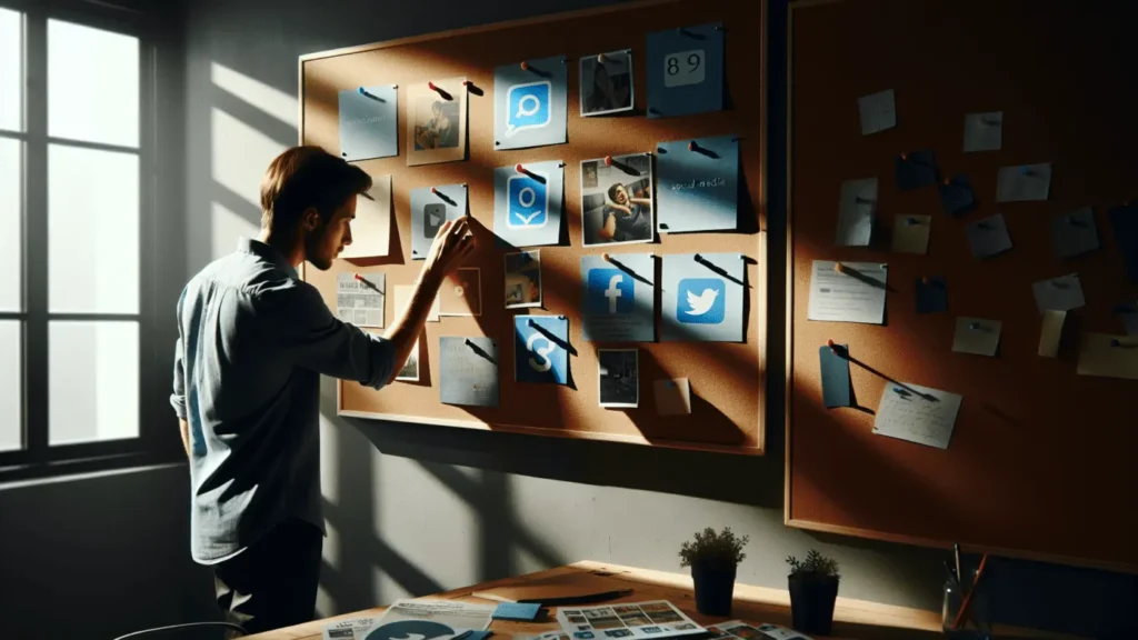 Startups thrive with smart social media branding 1 Young professional arranging vibrant brand materials on a corkboard in a sunlit co-working space.2024-02-06T01:34:52.622Z