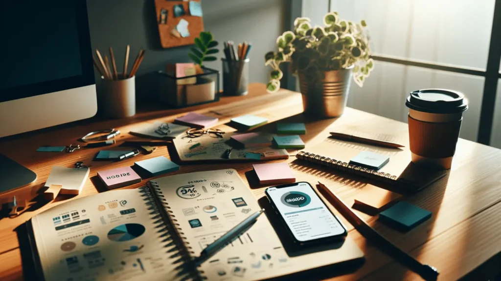 Craft Your Brand with These Simple Steps 1 Cluttered home office desk with branding strategy materials and a glowing smartphone under soft afternoon light.2024-02-06T06:35:24.084Z