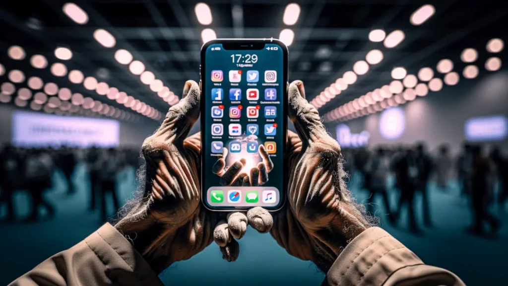 Social media content evolves with tech trends 1 Aged hands clutching an iPhone with morphing social media icons at a tech conference.2024-02-06T09:35:08.471Z