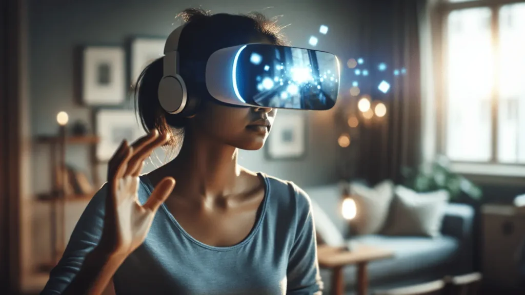 VR Shapes Future of Digital Tales 1 "Young adult wearing a VR headset, with subtle blue glows reflecting digital immersion in a cozy living room."2024-02-06T12:36:00.159Z