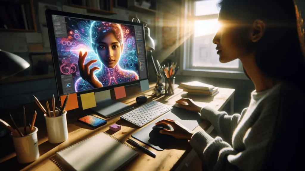 AI image tools boost content creation fun 1 Human hand using mouse with AI-generated graphics on screen in a cluttered creative workspace.2024-02-06T16:35:53.660Z