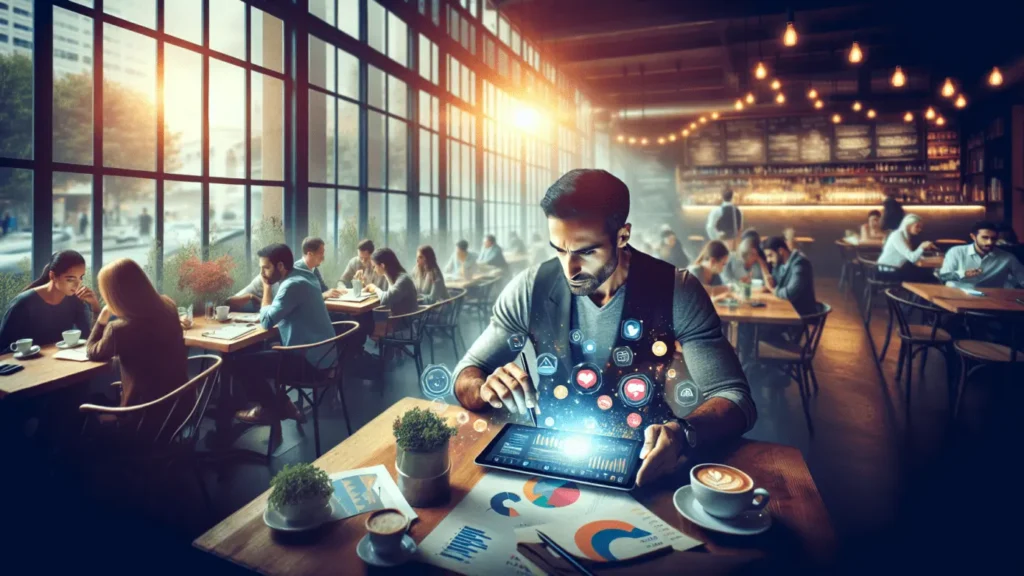 Win at Social Media with Smart Content Plans 1 Side-view in a café with a person analyzing social media analytics on a tablet, soft natural lighting.2024-02-07T03:35:22.200Z
