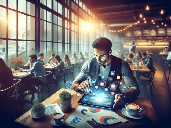 Side-view in a café with a person analyzing social media analytics on a tablet, soft natural lighting.2024-02-07T03:35:22.200Z