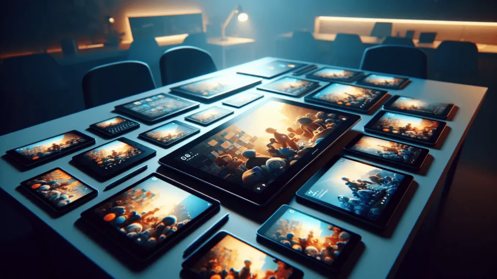 Digital Tales Grow: The Interactive Story Boost 1 Elevated view of a tablet with colorful animation among desaturated digital devices in a dim workspace.2024-02-15T03:32:39.534Z