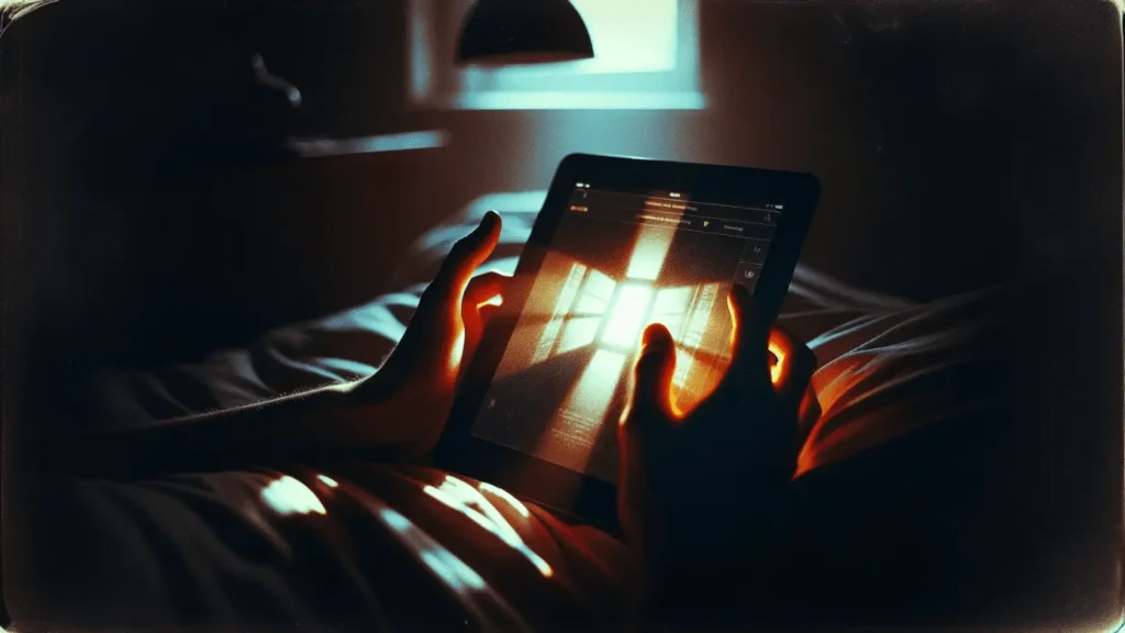 Explore Tech in Digital Storytelling 1 Over-the-shoulder closeup of hands holding a glowing tablet with a digital story in a dim, warm-toned room.2024-02-22T03:32:50.169Z