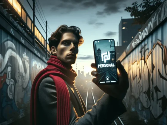 Person in urban setting with phone, highlighting personal brand, against dusky graffiti backdrop.2024-03-12T09:07:08.268Z