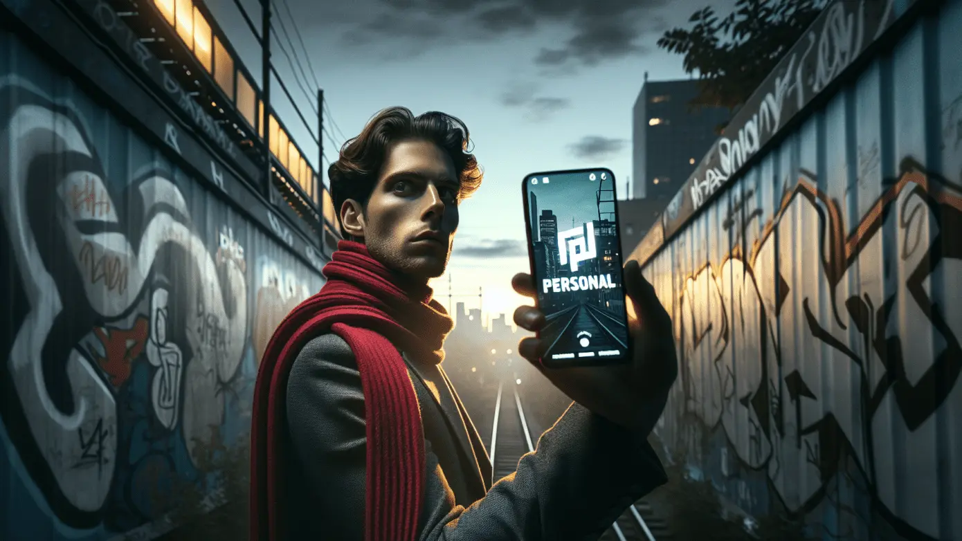 Discover what personal branding can do! 1 Person in urban setting with phone, highlighting personal brand, against dusky graffiti backdrop.2024-03-12T09:07:08.268Z