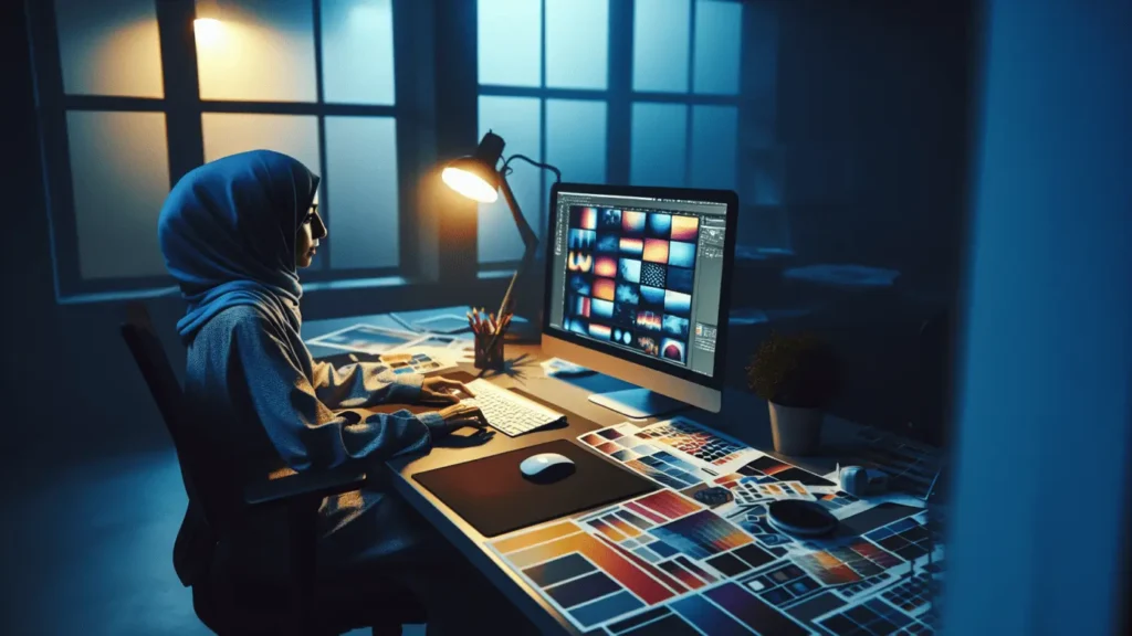 AI-Generated Images: A Branding Must? 1 Graphic designer at cluttered desk with AI-generated images on screen, early morning creative process.2024-04-19T03:33:37.044Z