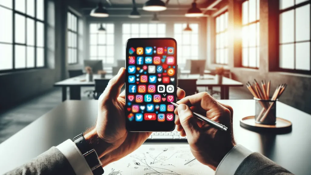 Social Media Brand Marketing: Easy Steps to Shine 1 Straight-on view of hands holding a smartphone with colorful social media icons, in a modern office.2024-04-22T03:32:42.991Z