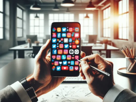 Straight-on view of hands holding a smartphone with colorful social media icons, in a modern office.2024-04-22T03:32:42.991Z