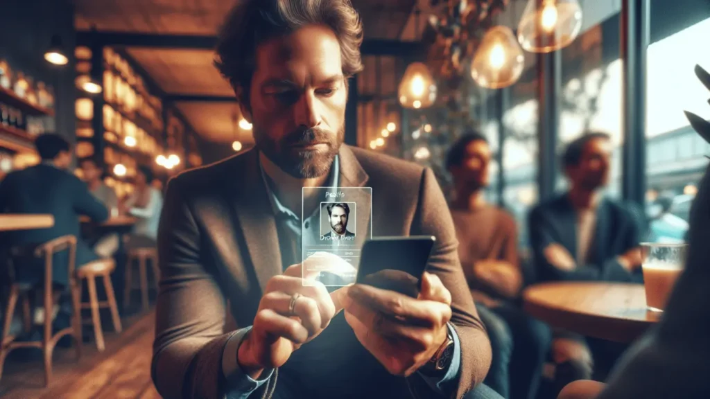 Discover What a Personal Brand Can Do 1 Straight-on view of a person in a coffee shop, partially obscured face, reviewing their professional profile on a smartphone.2024-04-23T03:33:06.895Z