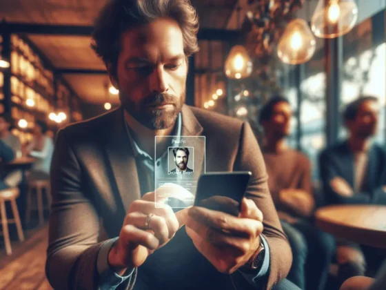 Straight-on view of a person in a coffee shop, partially obscured face, reviewing their professional profile on a smartphone.2024-04-23T03:33:06.895Z