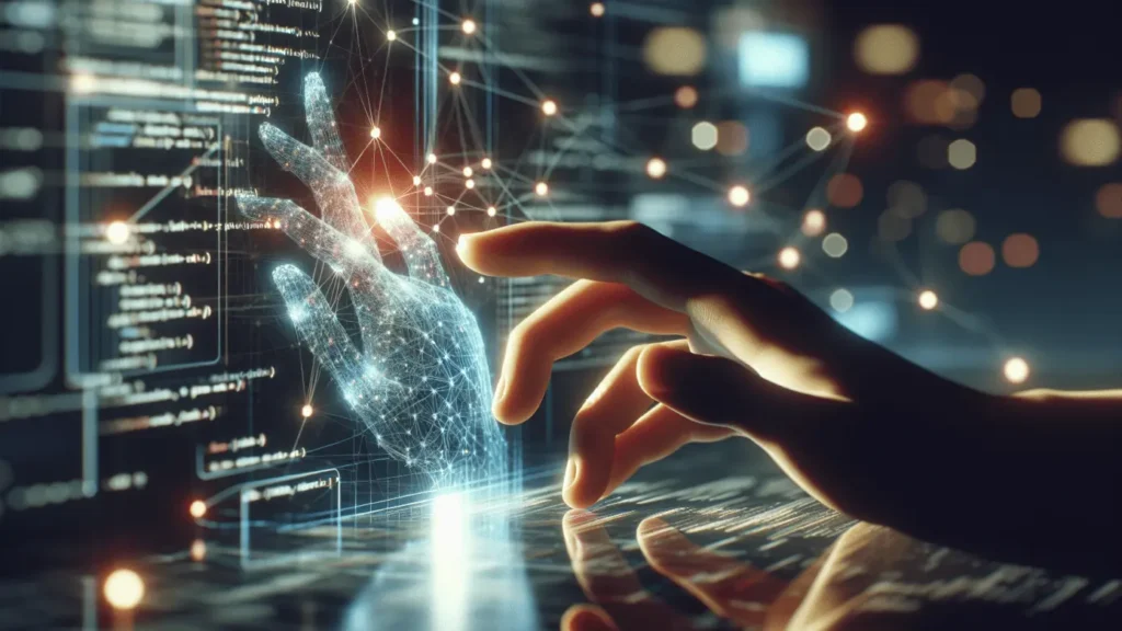 Digital Storytelling: AI Shapes Future Tales 1 Human hand extends towards a glowing blue network of AI nodes in a dim, tech-filled room.2024-04-25T03:33:09.447Z