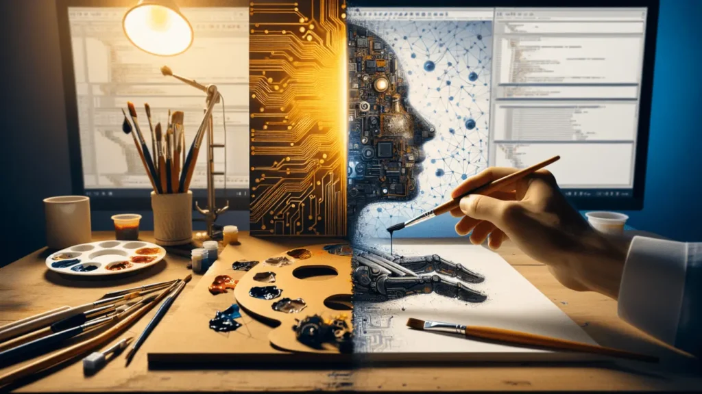 AI Generated Images: Are They Art? 1 Split image contrasting human hand painting with AI-generated digital art in sterile setting.2024-04-26T03:32:53.286Z