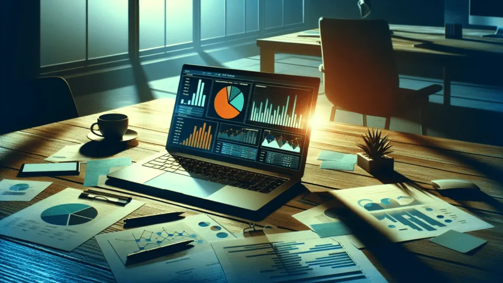 Social Media Brand Marketing Made Easy 1 "Desk with laptop showing vibrant social media analytics and strewn papers, in a cool-toned office setting."2024-04-29T03:32:41.477Z