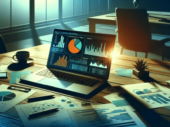 "Desk with laptop showing vibrant social media analytics and strewn papers, in a cool-toned office setting."2024-04-29T03:32:41.477Z