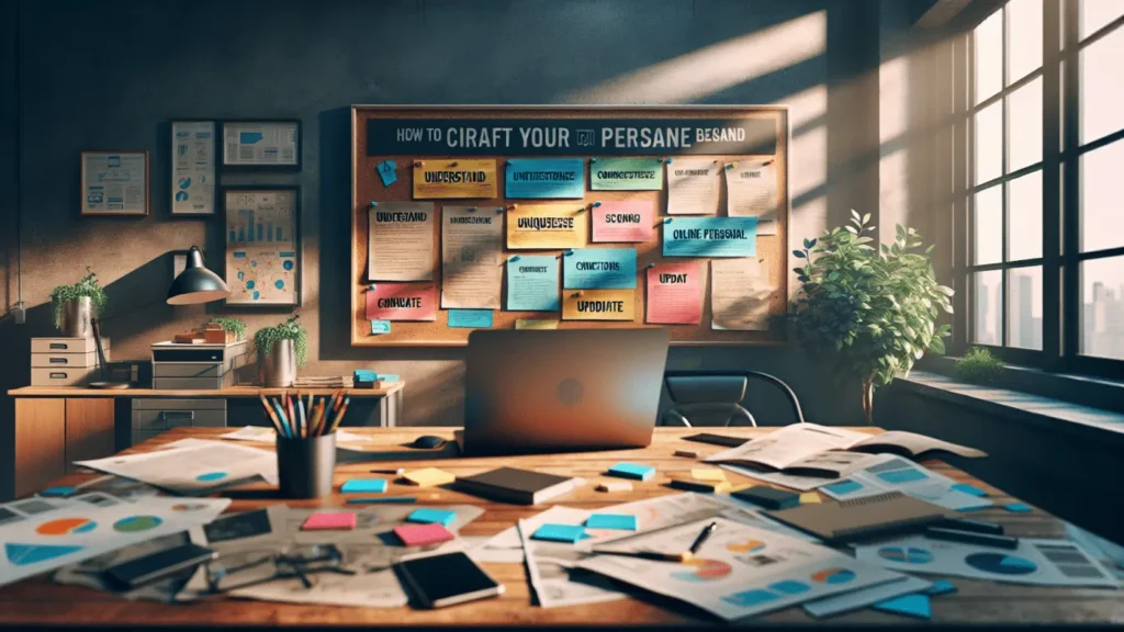 Craft Your Brand in 5 Easy Steps! 1 Straight-on view of a cluttered, naturally lit desk emphasizing the creative branding process with colorful notes.2024-04-30T03:32:49.925Z